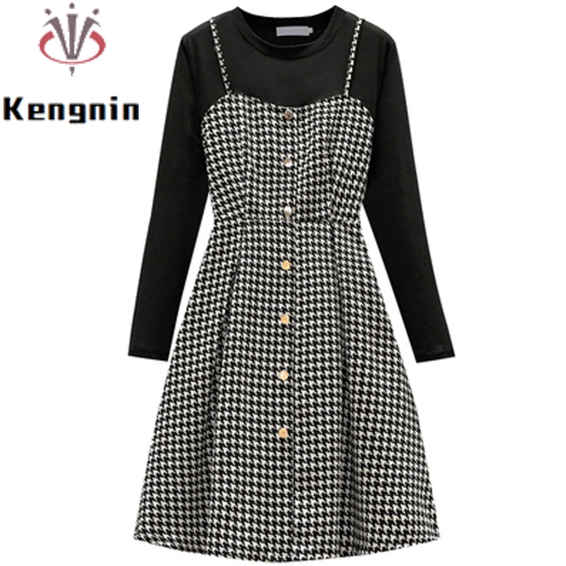 

Женские лоскутные платья больших размеров 5XL, черные весенние женские платья 2022, женское платье из двух частей с рисунком «гусиная лапка», ж...