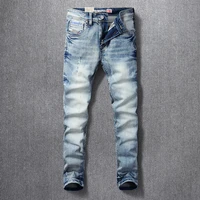 italian style fashion men jeans retro light blue elastic slim fit ripped jeans men printed designer vintage casual denim pants