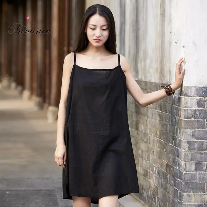 Летнее базовое платье в китайском стиле с бретельками пэчворк Одноцветный один