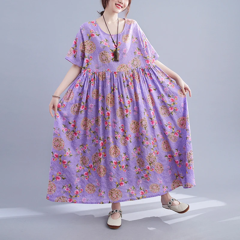 

Short Sleeve Floral Vintage Purple Summer Dresses For Women Long Casual Loose Beach Holiday Ladies Dress Elegant Clothes 2021