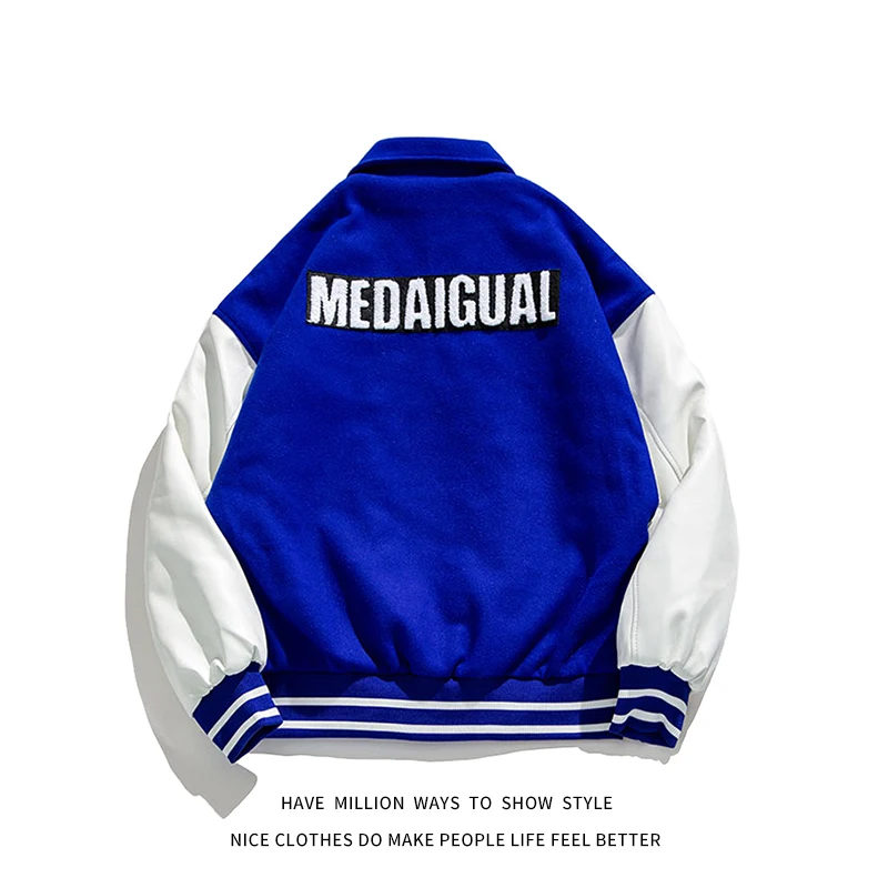

Embroid Winter Woolen+Leather Sleeve Loose Baseball Jacket Women's Coat Men's Bomber Couple Boyfriend Style Varsity Streetwear