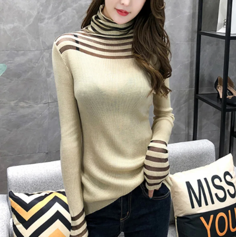 

#3808 Korean Style Knitted Sweater Turtleneck Thin Knitwear Tops Slim Casual Tight Sweater Ladies Hollow Out Spliced Mesh Sexy