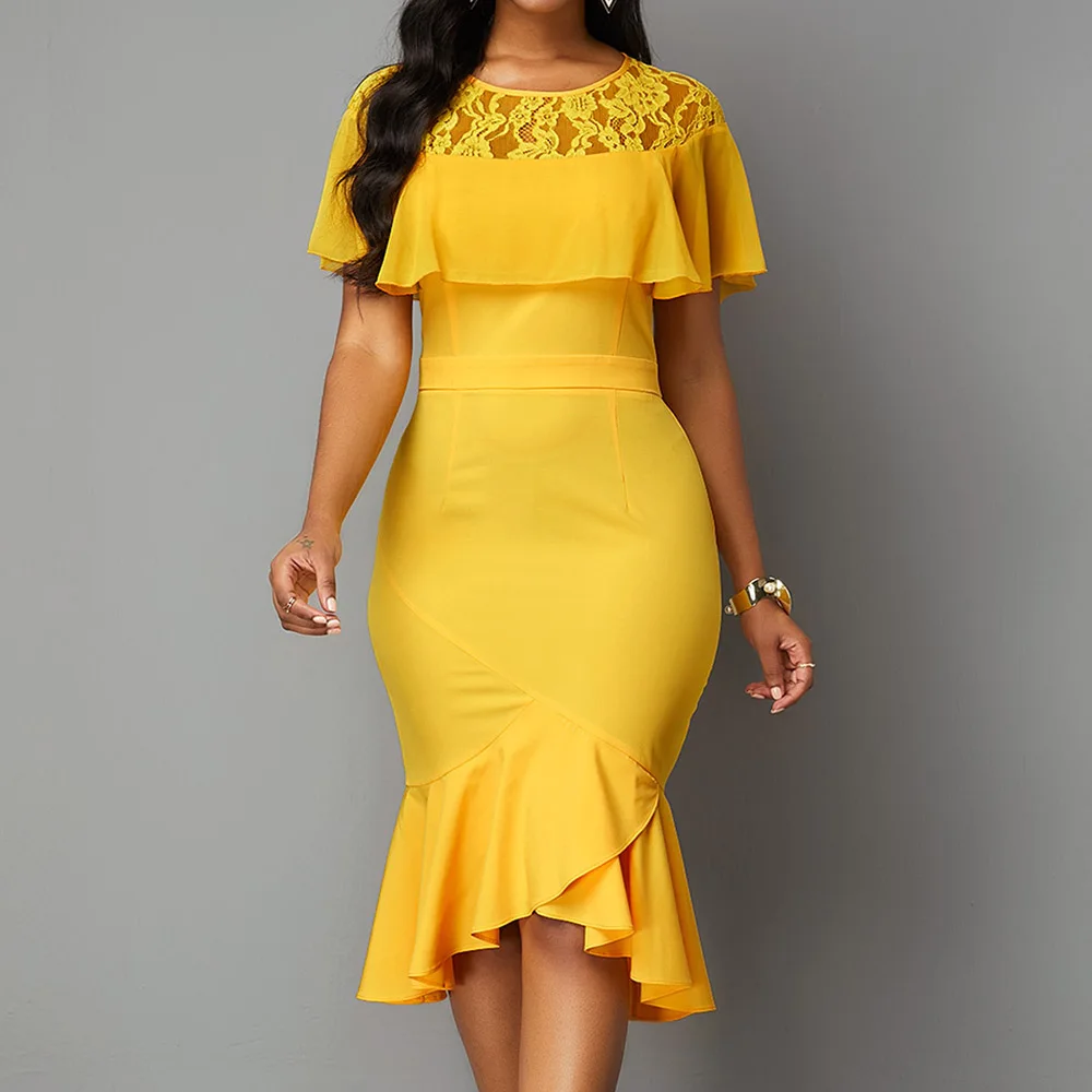 

Женское платье-русалка, желтое кружевное лоскутное платье с оборками, сексуальное вечернее платье, модное женское офисное платье миди