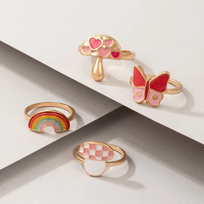 

Girls Cute Sweet Mushroom Rings Fashion 4 Pieces Rainbow Love Pink Butterfly Oil Drip Alloy Rings Jewelry For Womens Party