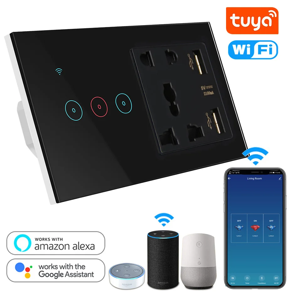 

Tuya WiFi Smart Light Switch EU 110V Touch Switches Home Wall with USB 3 Gang and Universal Socket Work with Alexa Google Home
