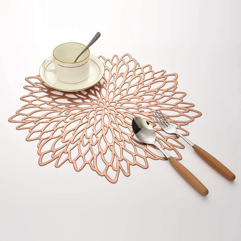 

PVC Material Placemat Hollowed Gold Stamping Placemat Hibiscus Flowers Shape Unique Placemat for Home Decor Dining Table