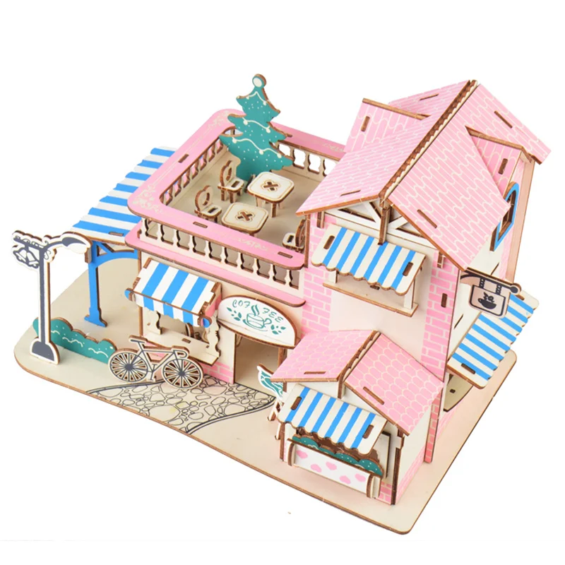 

DIY Wooden Puzzle 3D Romantic Coffee House Wood Jigsaw For Kids Boys Girls Pink Orange Building Model Educational Toys Gift Game