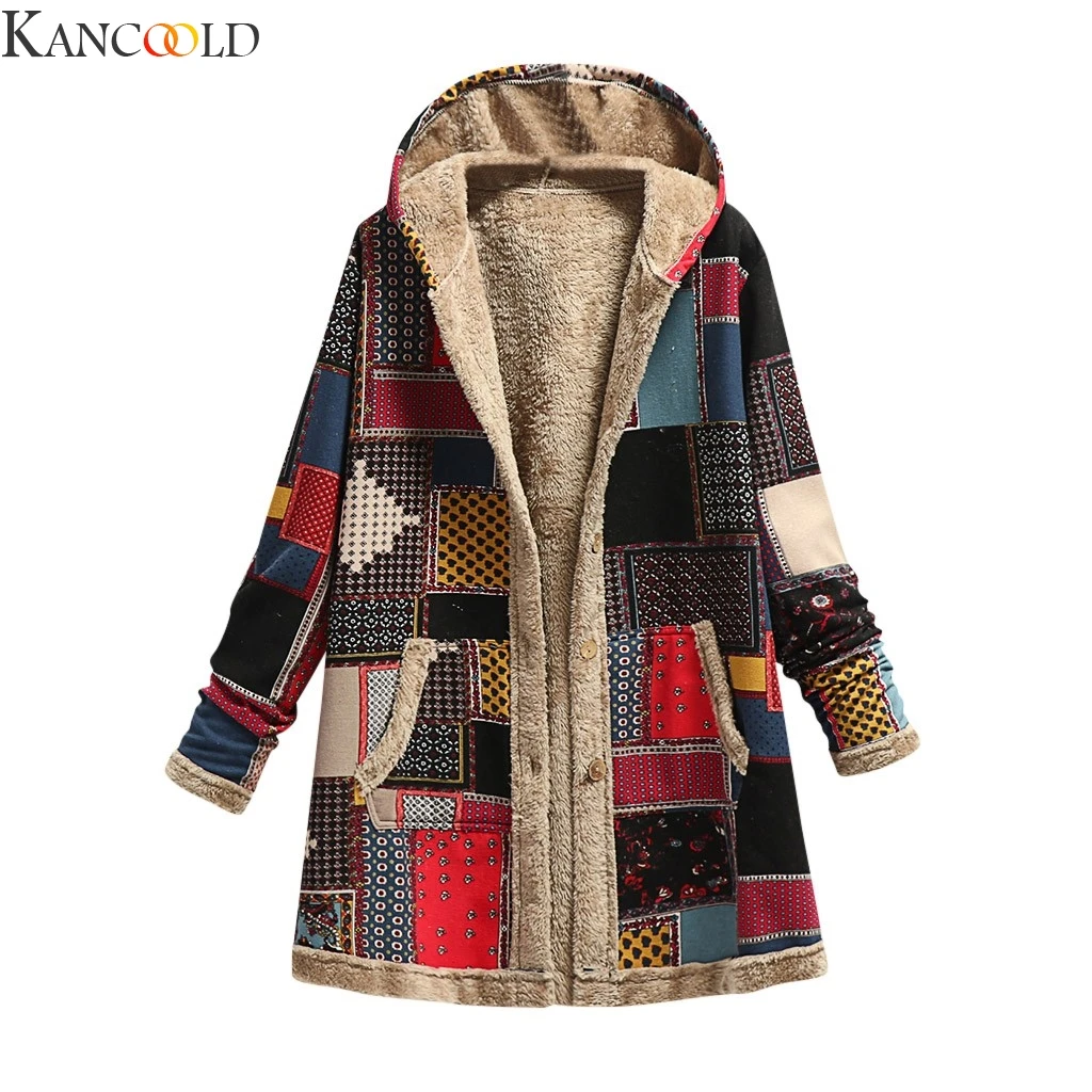 Женское пальто KANCOOLD с принтом зимнее теплое винтажное большого размера