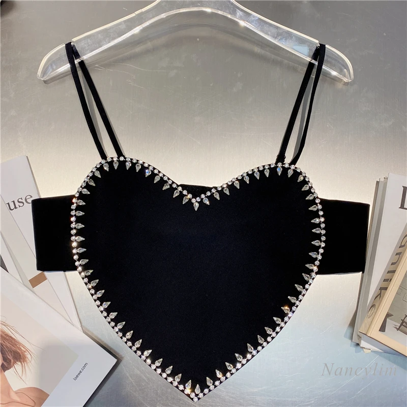 

Rhinestone Edge Peach Heart Sexy Backless Spaghetti Straps Top Women New Summer 2021 All-Match Camisole Tank Black
