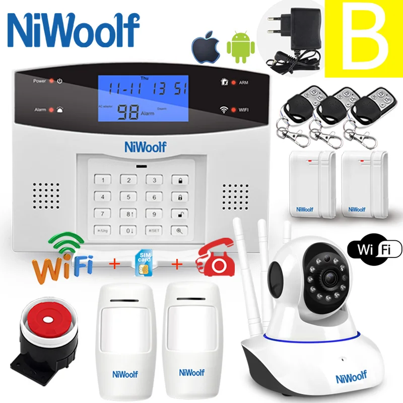 B Wi-Fi GSM домашняя охранная сигнализация Беспроводная и проводной детектор релейный выход смарт-управление Приложение датчик двери пожарный дым Движение Сигнализация - Цвет: B