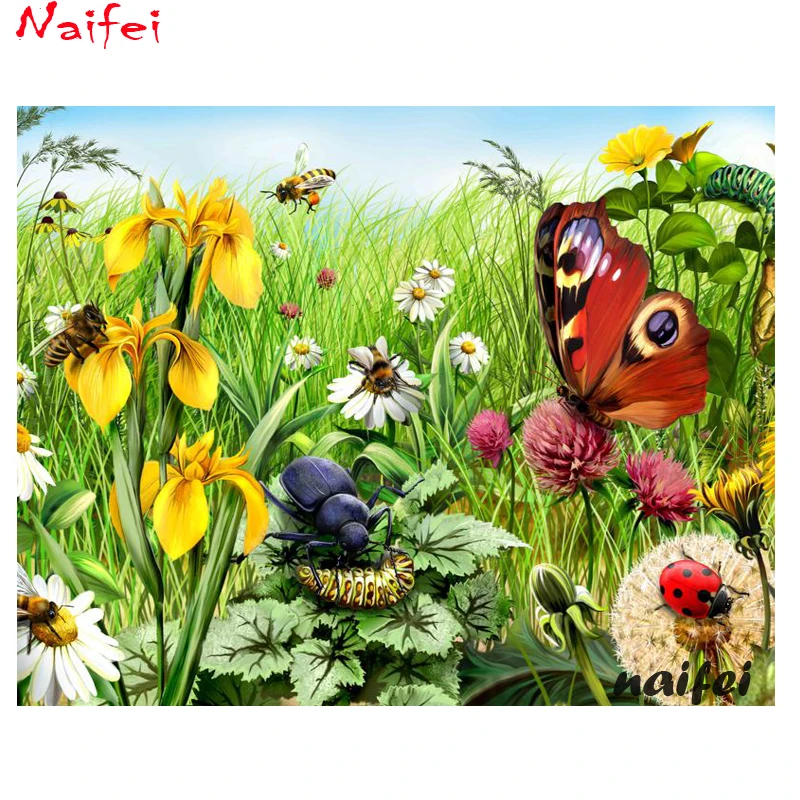 Diy Алмазная картина полная дрель &quotБожья коровка цветок бабочка Одуванчик&quot 5D