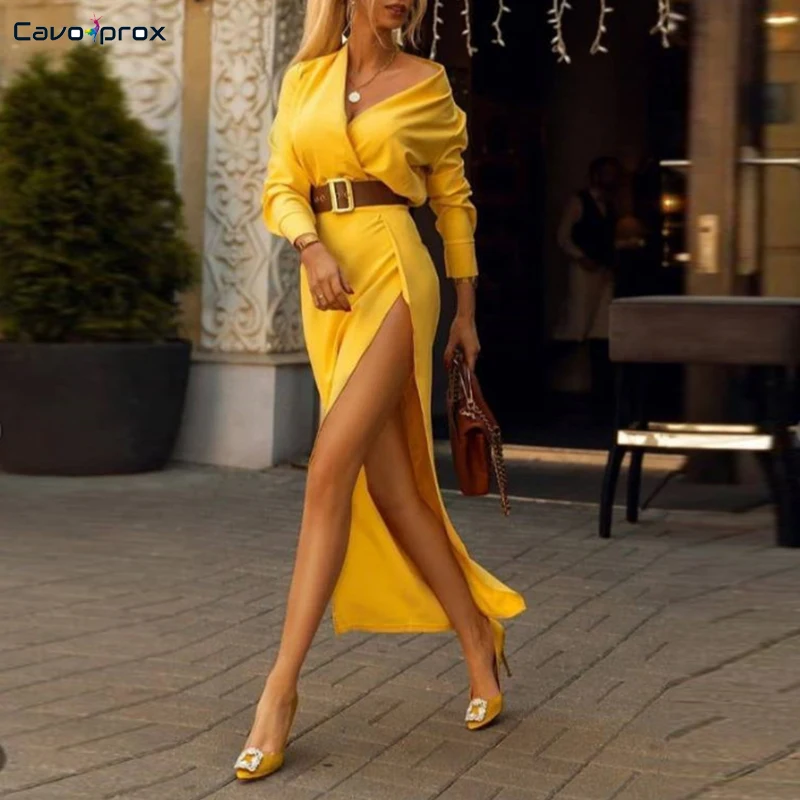 Женское платье с длинным рукавом v образным вырезом разрезом однотонное