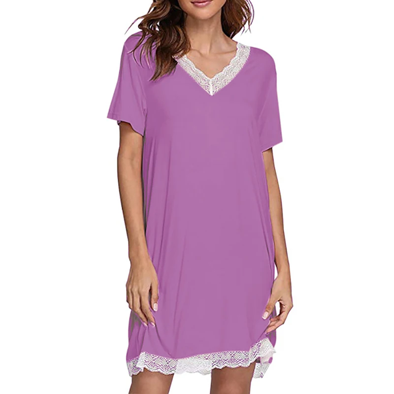 

Oeak Nightgown Lace WOMEN'S Nightdress Summer Thin Section Short Sleeve Modal Cotton Silk Mid-length Plus-size Women Dress