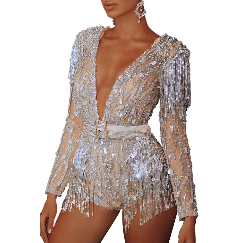

New women's jumpsuits with tassel sequins sexy temperament v-neck with belt fashion women