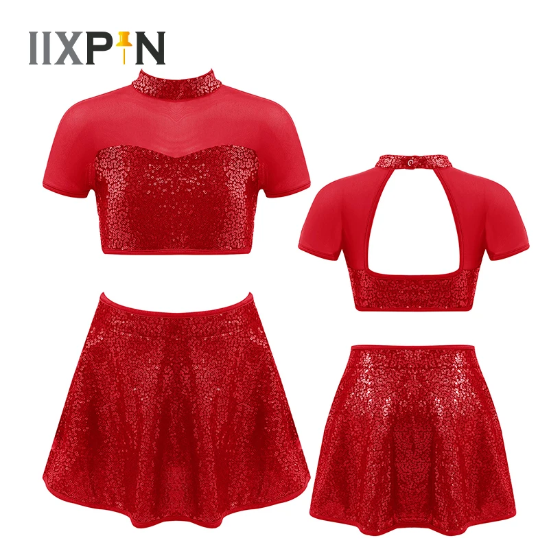 

Kids Girls Jazz Latin Dance Costume Shiny Sequins Crop Top With Skirt Set Gymnastics Leotard Figure Ice Skating Ballet Dancewear