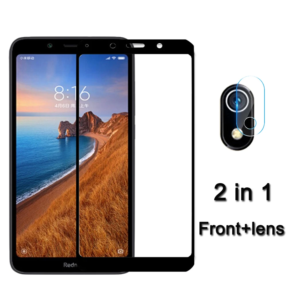 2 в 1 закаленное стекло с полным покрытием для Redmi 7A защита экрана объектива камеры