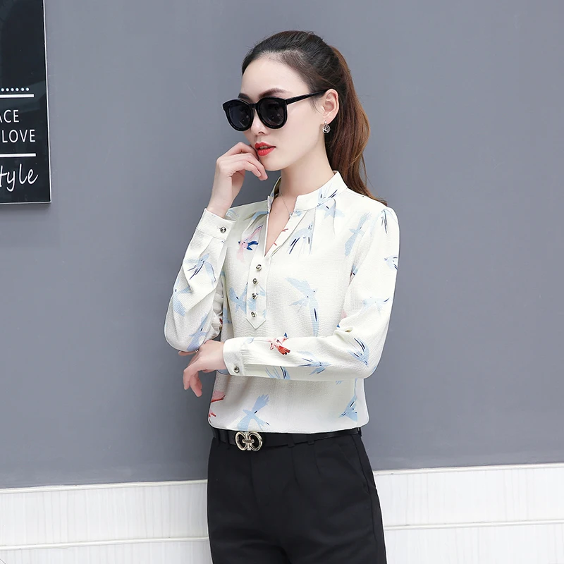 

Fashion Women's Spring Autumn Chiffon Shirts Elegant Casual Women's V-Neck Blouses Long Sleeve Shirts Women's Tops DF3411