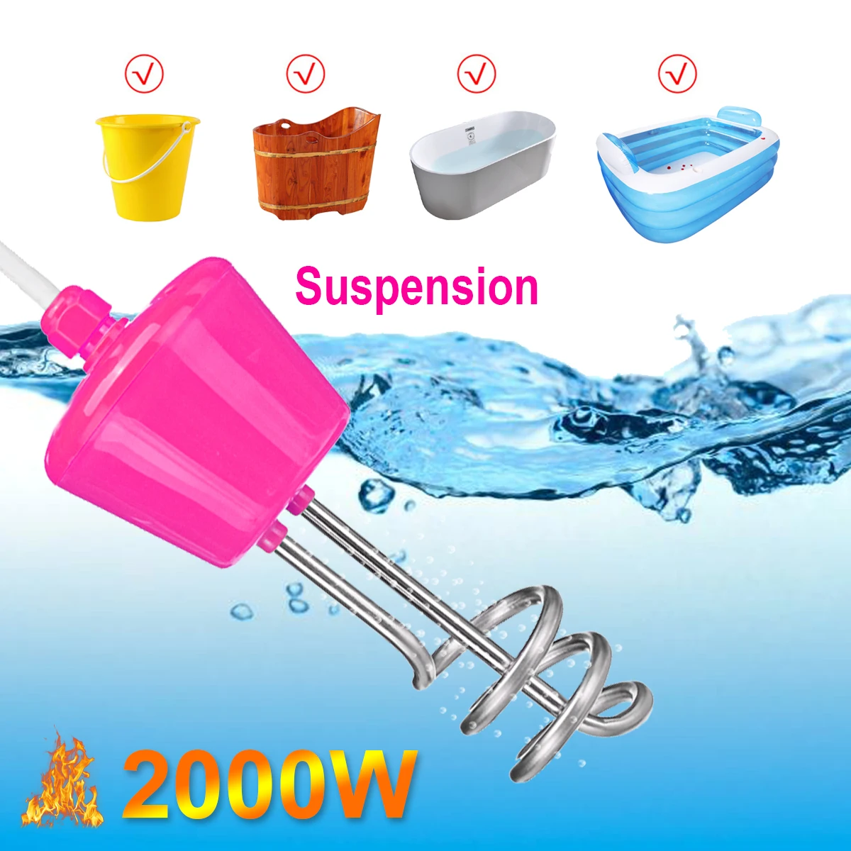 

2000W 220-250V Portable Suspension Stainless Steel Electric Floating Immersion Heater Boiler Water Heating Element For Bathroom