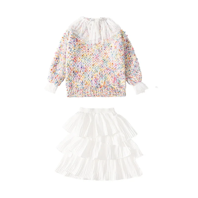 

Girl Clothes Set Spring Autumn Floral Print Knitted Sweater + Children Fashion Mesh Skirt 2 Pcs Suit Boutique Kids Clothing Sets
