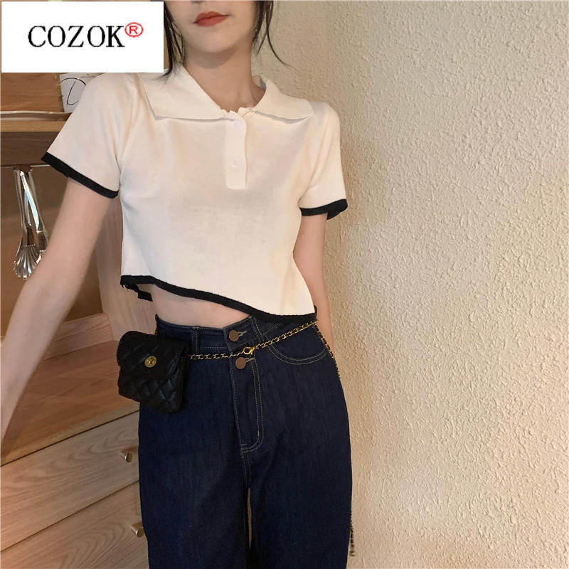 

Summer 2021 Thin Polo Collar Design with Exposed Navel Short Irregular Short Sleeve T-shirt Women
