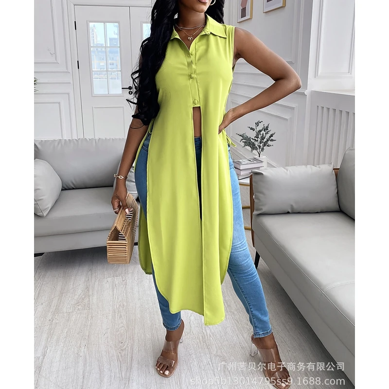 

WEPBEL Shirt Women's Casual Solid Color Slim Bandage Shirt Summer Sexy Single-Breasted Turn-down Collar Split Irregular Shirt