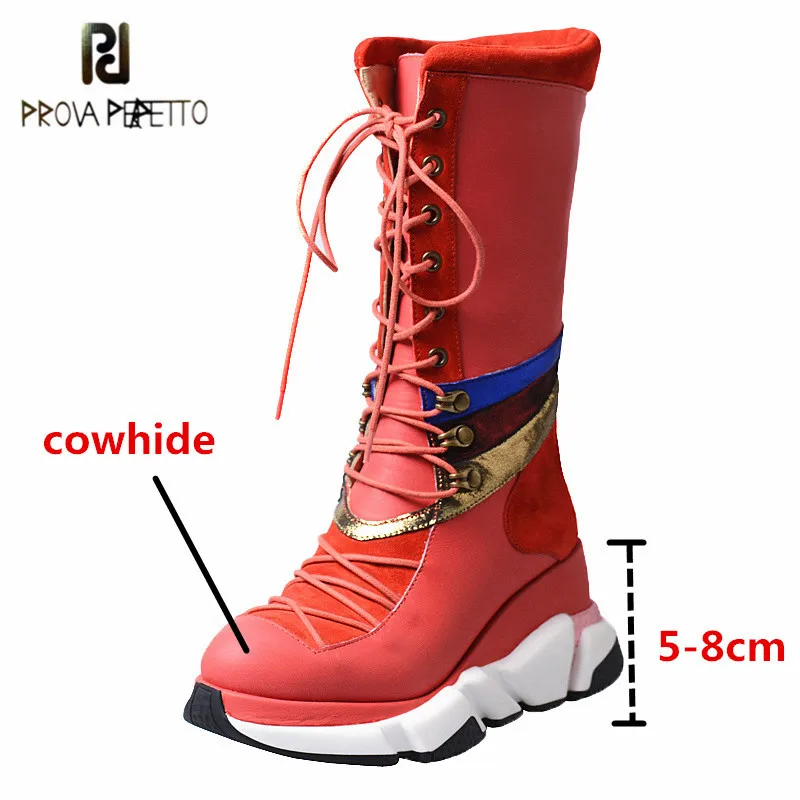 

Prova Perfetto Genuine Leather Fashion Women's Mid-calf Boots Mixed Colors Wedges Height Increasing Metal Decoration Lady Boots