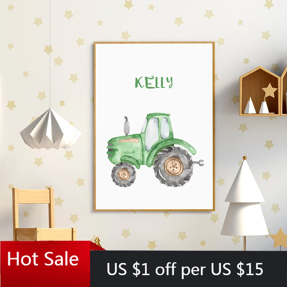 Персонализированная картина с именем трактора для мальчиков постеры и принты на