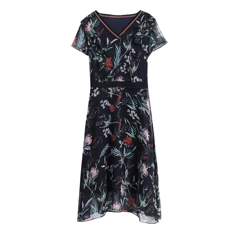 

3XL Plus Size French Style Ruffles Women Dress New Summer Black Chiffon Floral Print V-Neck Short Sleeve Party Dresses Vestidos