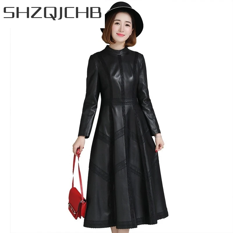 

JCHB 2021 Vintage Elegant Women Real Sheepskin Long Lace Dress Coat Stand Collar Slim Fit Genuine Leather Long Jacket Party Out