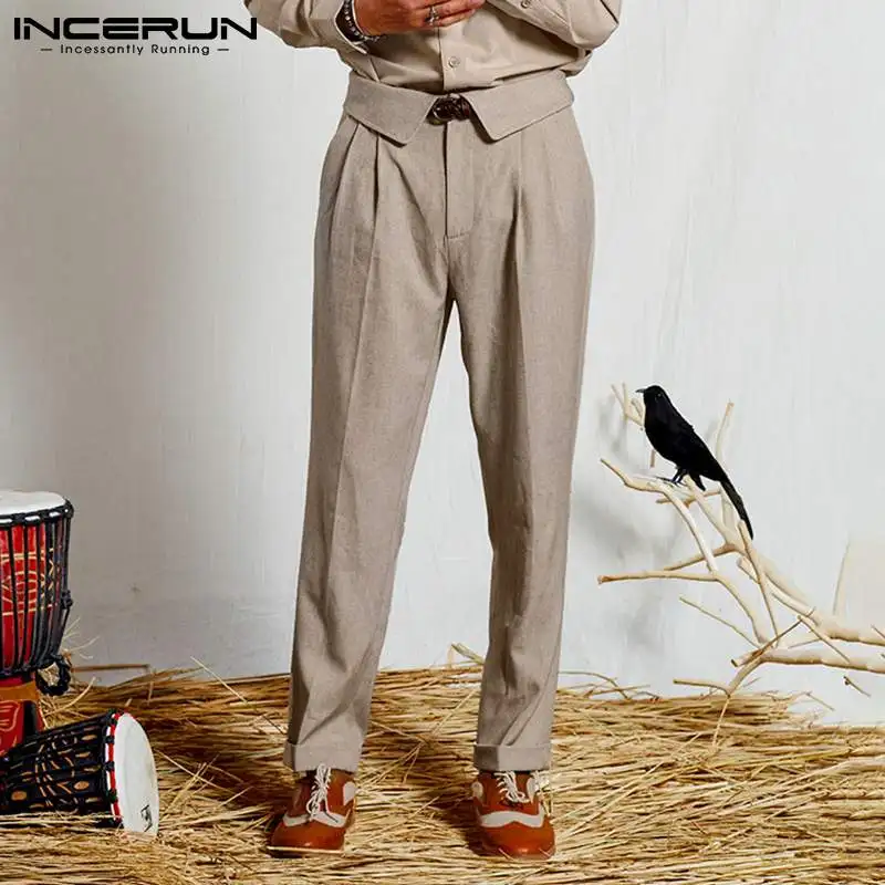 

2021 Men Pants Solid Color Joggers High Waist Button Vintage Trousers Pockets Streetwear Casual Pantalones Hombre INCERUN S-5XL