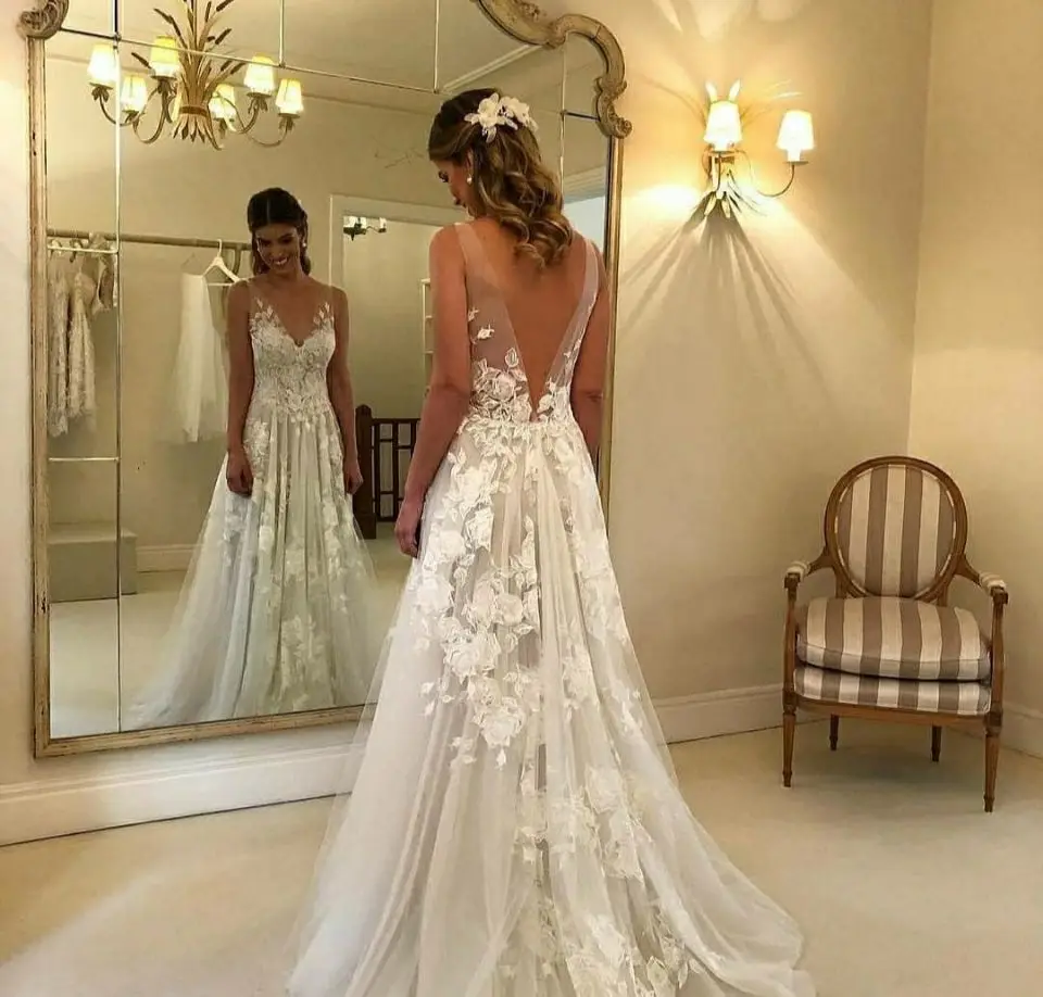 

Женское кружевное свадебное платье VKBRIDAL, белое длинное ТРАПЕЦИЕВИДНОЕ ПЛАТЬЕ С Открытой Спиной