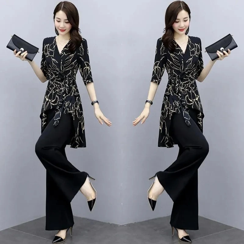 

2021 Women Summer Fall Pant Sets Fashion Chiffon High Waist Wide Leg Pants & Irregular Hem Tops 2 Pieces Suits Oversize 5X