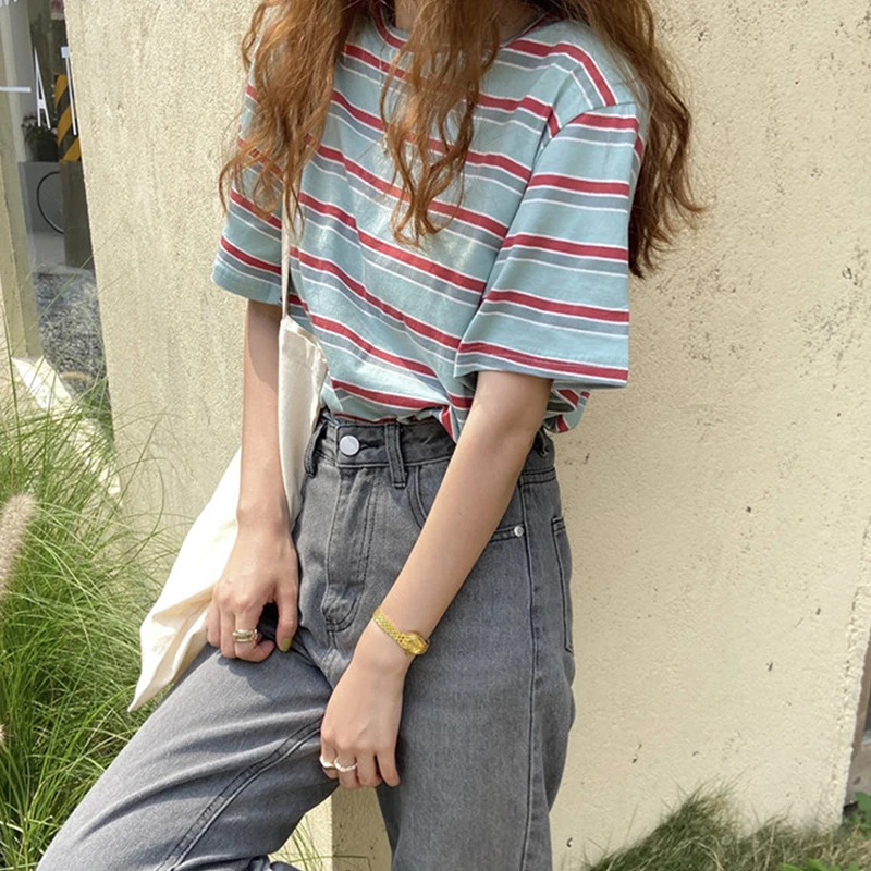 

Vintage Striped Loose Casual Short Sleeve T-Shirt Regular College Common Fashion Women Top Oversize T-Shirts Woman's 2021