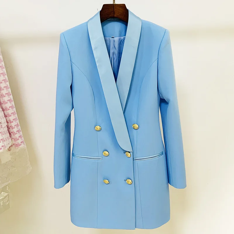 

SuperAen 2021 New Coat Fashion Lion Button Satin Solid Double Breasted Notched Full Jacket Women Blazers