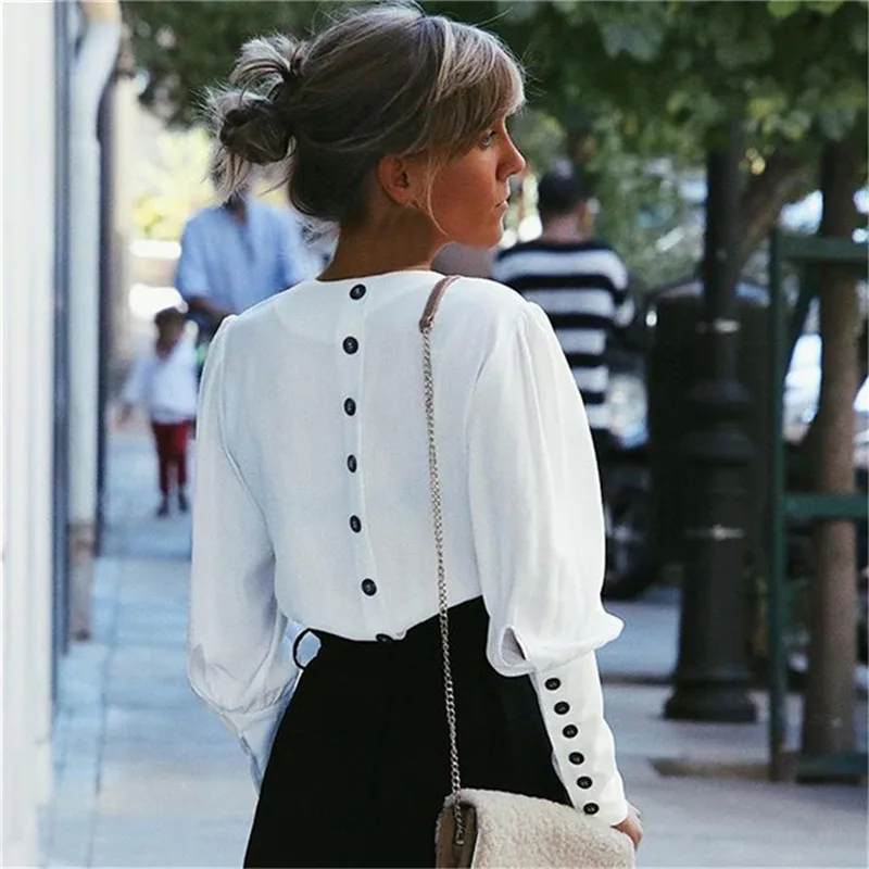 

V-Neck Women Blouse Shirts Puff Sleeve Button White Blouse Spring Autumn Lady Shirt Top Female Office Streetwear Blouse Tops