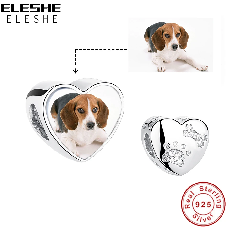 

ELESHE Pet Dog Paw Print Crystal Charm Bead 925 Sterling Silver Custom Photo Heart Charm Fit Original Bracelet Women DIY Jewelry