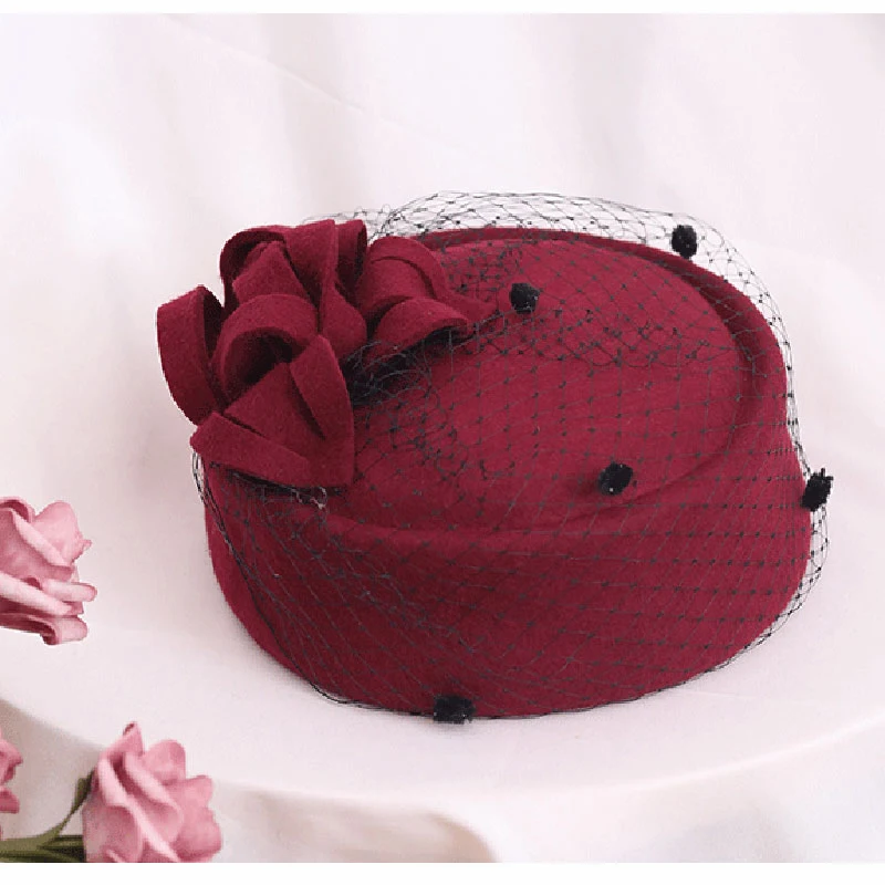 

2019 Adjustable Fascinating Fedoras Elegant Female Wool Felt Mesh Bow Floral Formal Berets Fedora Hats for Women Berets LM008