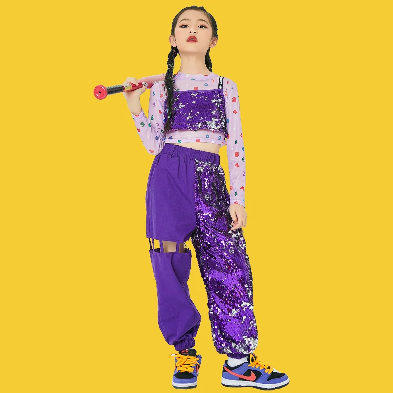 

2021 New Children Jazz Dance Costumes for Girls Sequins Hiphop Suit Modern Dance Performance Clothes Hip Hop Dancing Rave Wear
