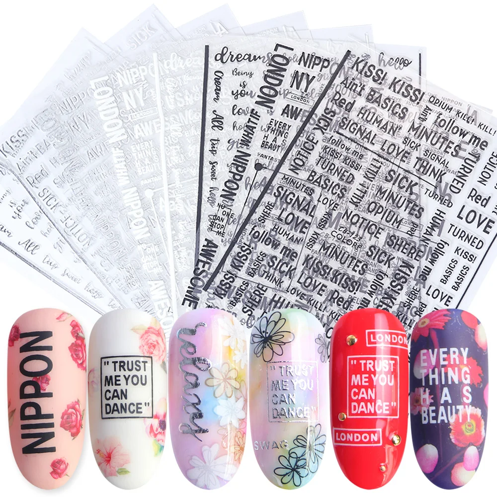 1 шт. алфавит 3D наклейки для ногтей черные белые Серебряные буквы слайдеры