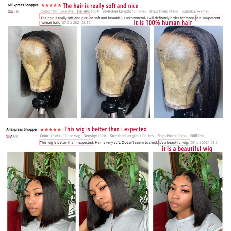 Short Bob Lace Front Wig Straight Frontal Human Hair Wigs Brazilian Remy Closure 180 Density Pre Plucked For Black Women | Шиньоны и