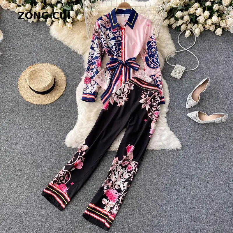 

Женский винтажный костюм из двух предметов, рубашка с роскошным принтом и широкие брюки с высокой талией, Элегантная Модная праздничная оде...