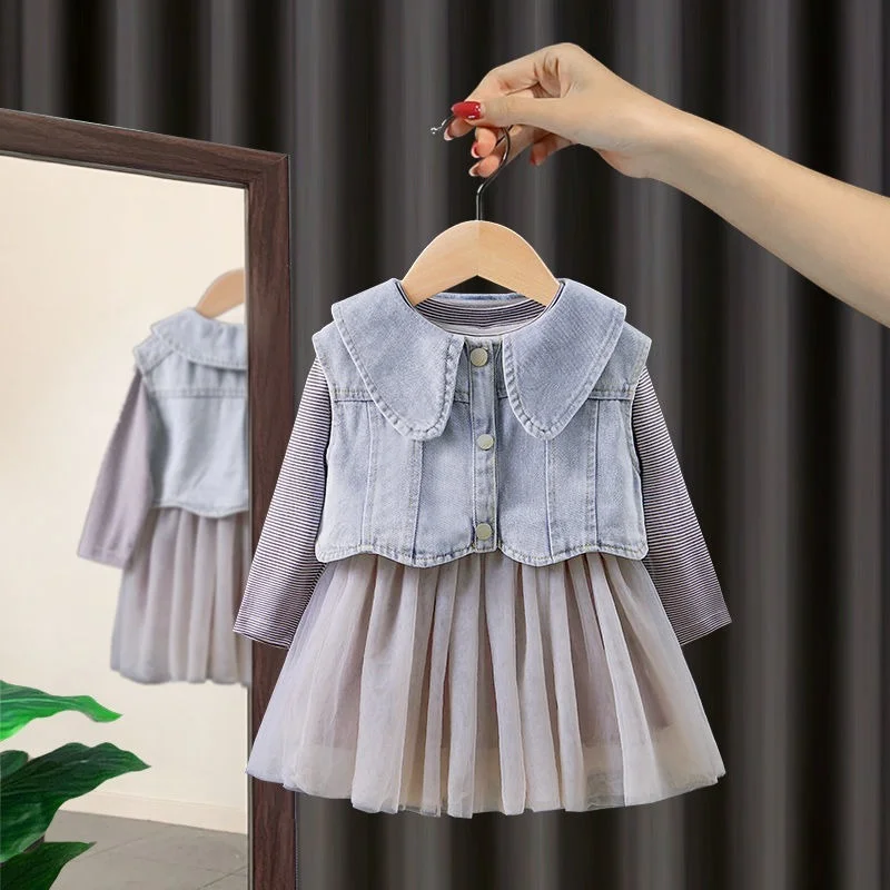 

Girl Dresses Sets Autumn New 2021 Vest And Mesh Loose Cute All Match Children Clothing Top Quality
