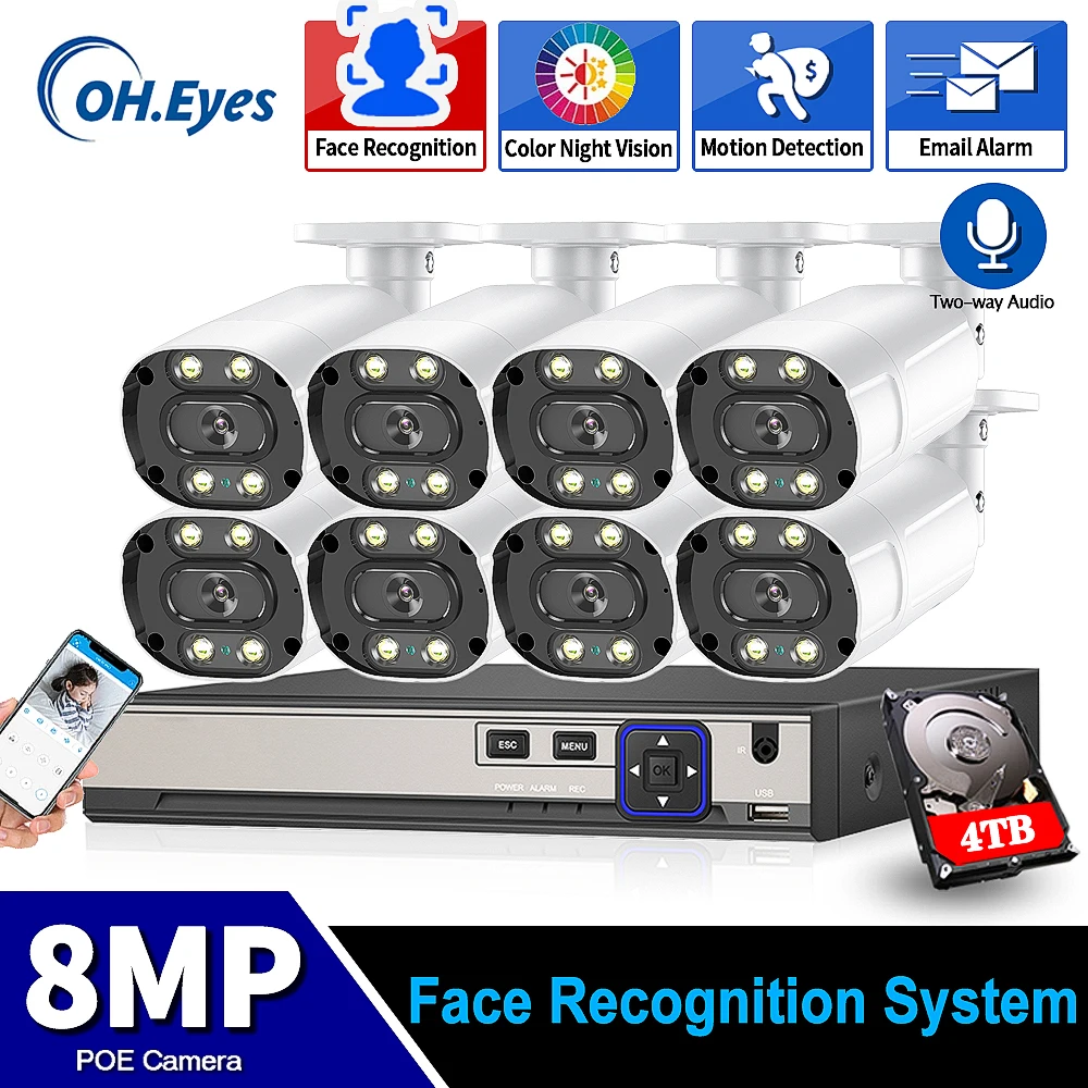 

4K 8CH NVR Kit Color Night Vision Waterproof H.265 CCTV 8MP IP Bullet камера с распознаванием лица система видеонаблюдения Kit