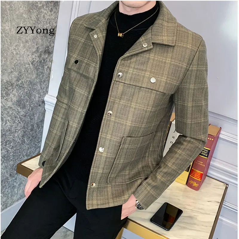 ZYYong осенне-зимнее мужское клетчатое пальто синего цвета Camel высокое качество