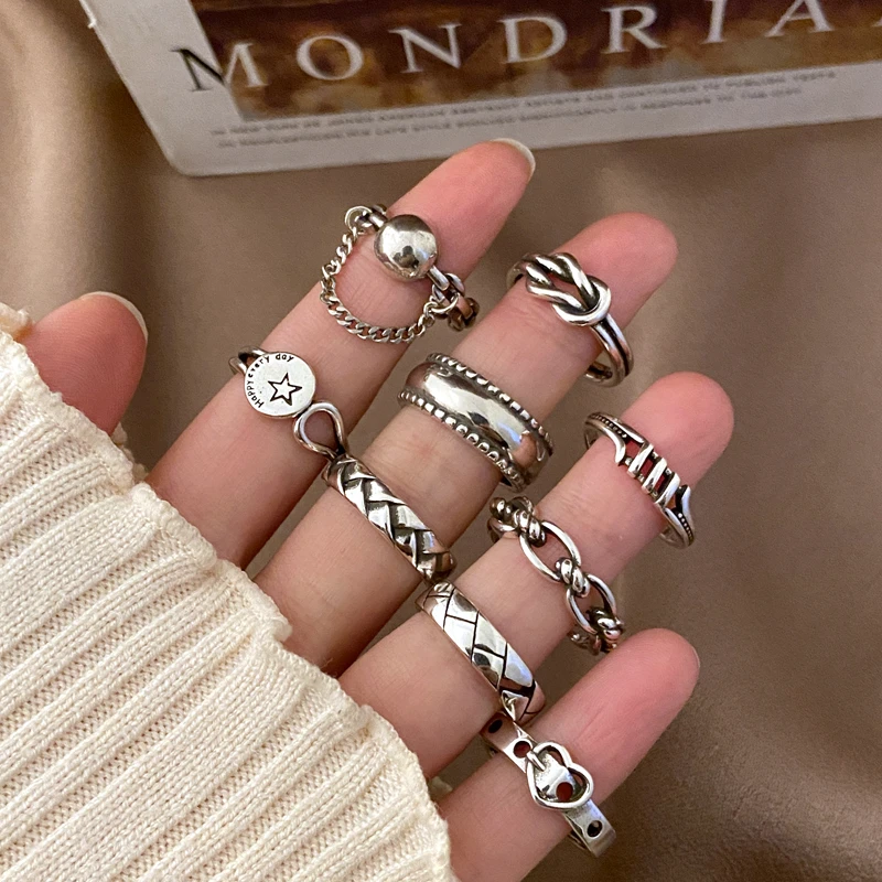 

VKME Korean Punk Vintage Geometry Heart Open Rings For Women Men's Couples Ring Fashion Silver Adjustable Rings 2021 Jewelry