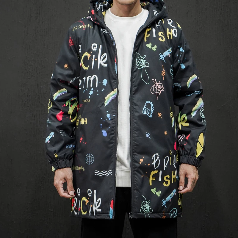 

Winter Parka Men New Graffiti Warm Thicken Jacket Mens Outerwear Long Hooded Coat Loose Windbreaker Cotton-Padded Large M-5XL