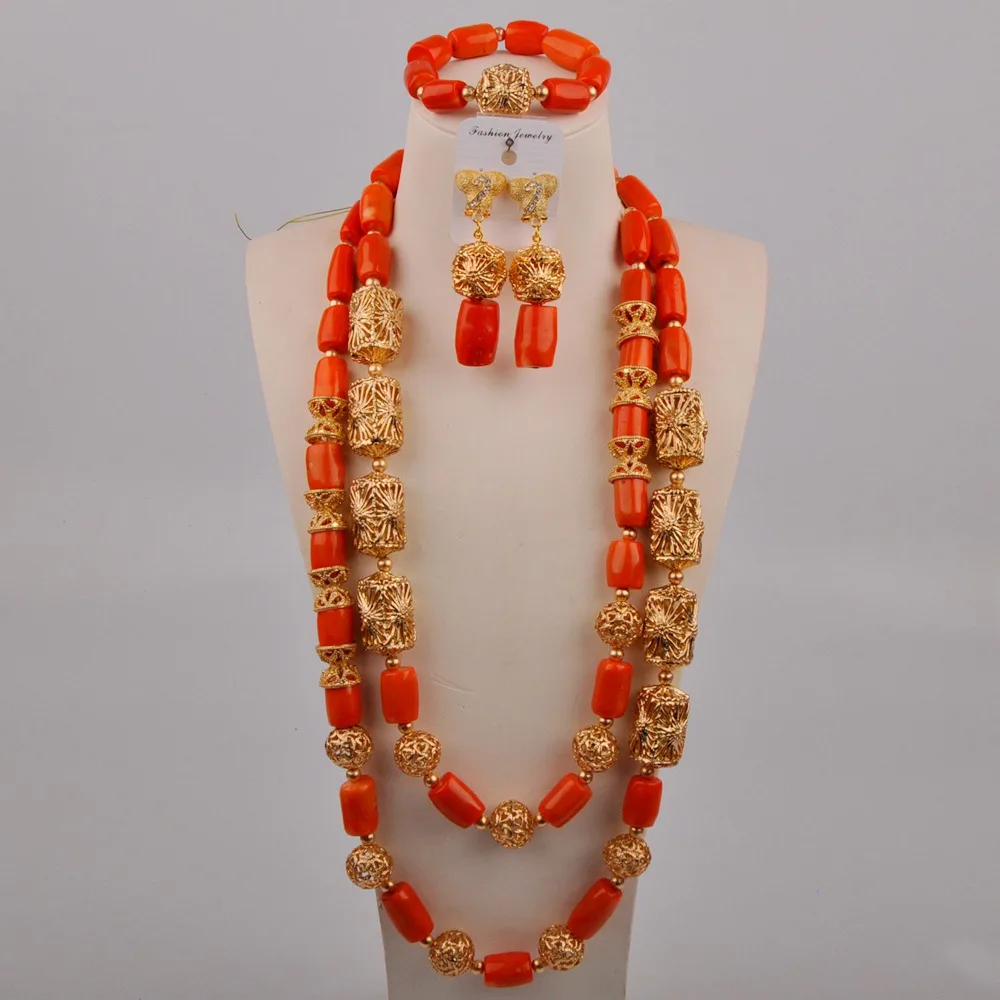 

24inches Orange Coral Necklace Nigerian Wedding African Beads Jewelry Set Dubai Gold Bridal Jewelry Sets for Women
