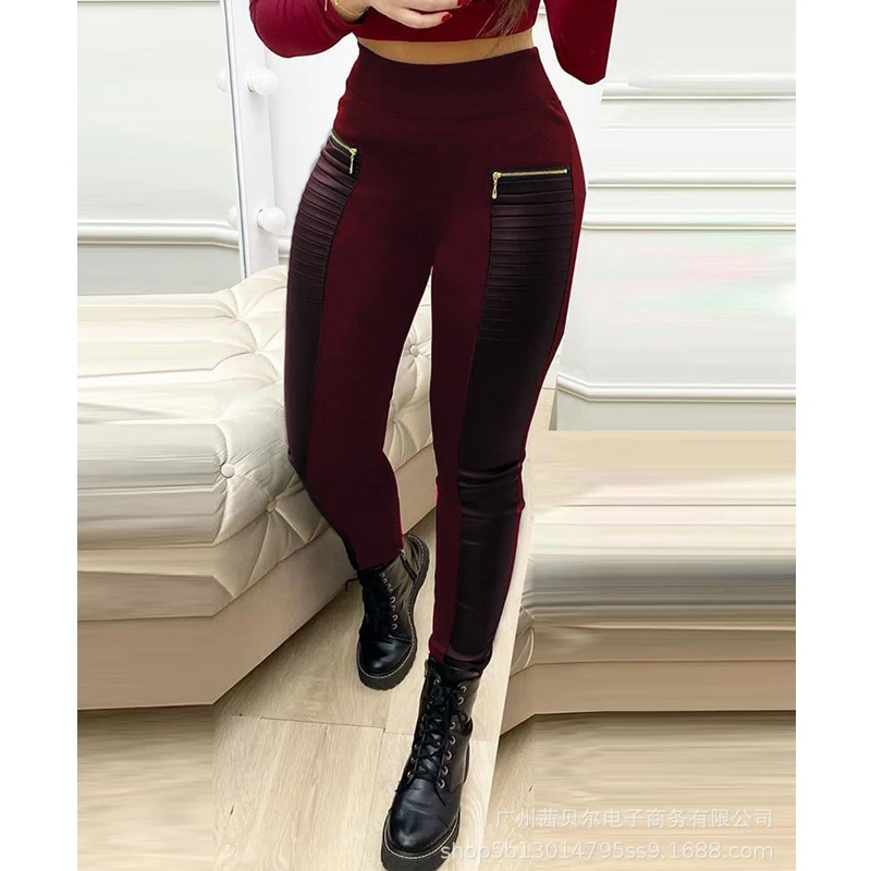 

WEPBEL Long Pants Women's Casual Solid Color Slim Fit Patchwork Pants Summer Fashion High Waist Stretch Zipper Pencil Pants