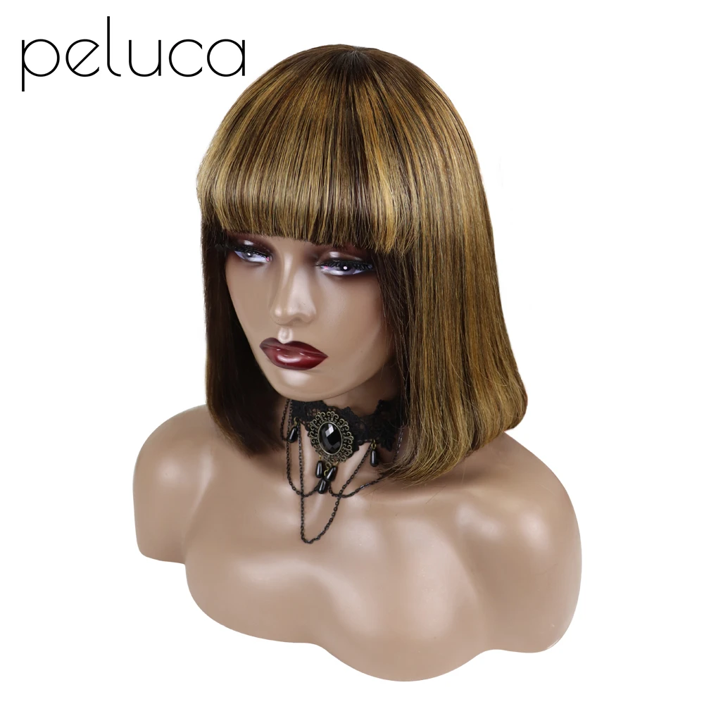 

peluca Short Human Straight Hair Wig With Bangs for Women Remy Hair Bob Wigs Dark Brown No Front Lace Black Women Peruvian Hair