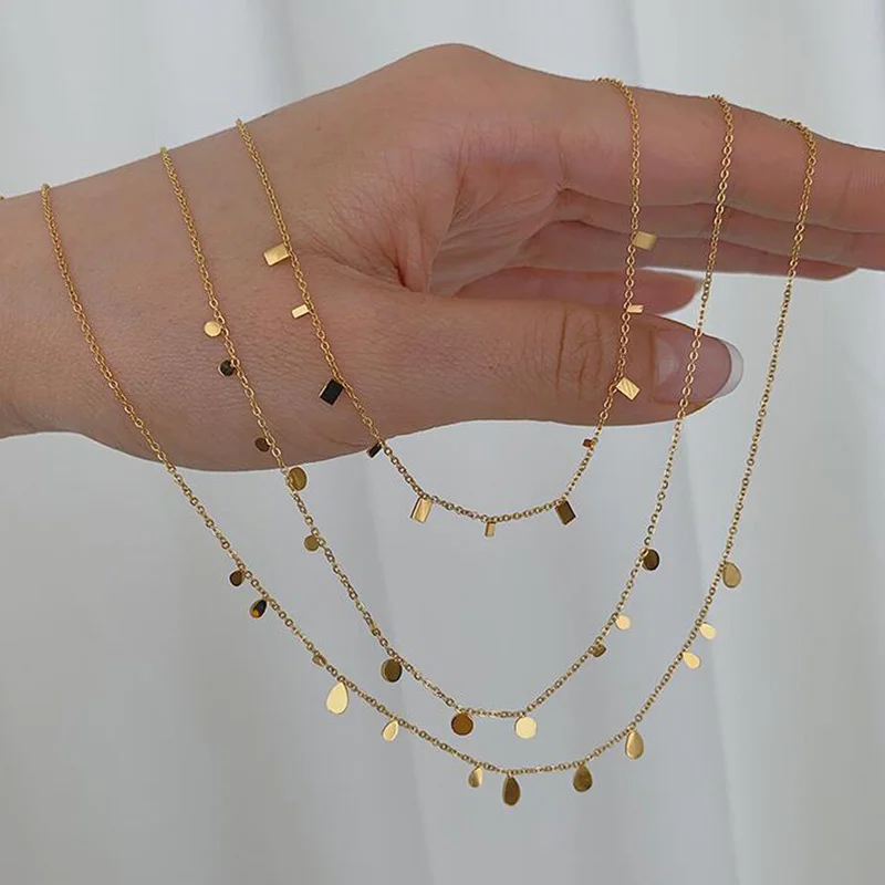 

2023 New Circle Square Drop Geometric Metal Charm Gold Chain Choker Necklaces For Women Delicate 18k Gold Color Layer Necklace